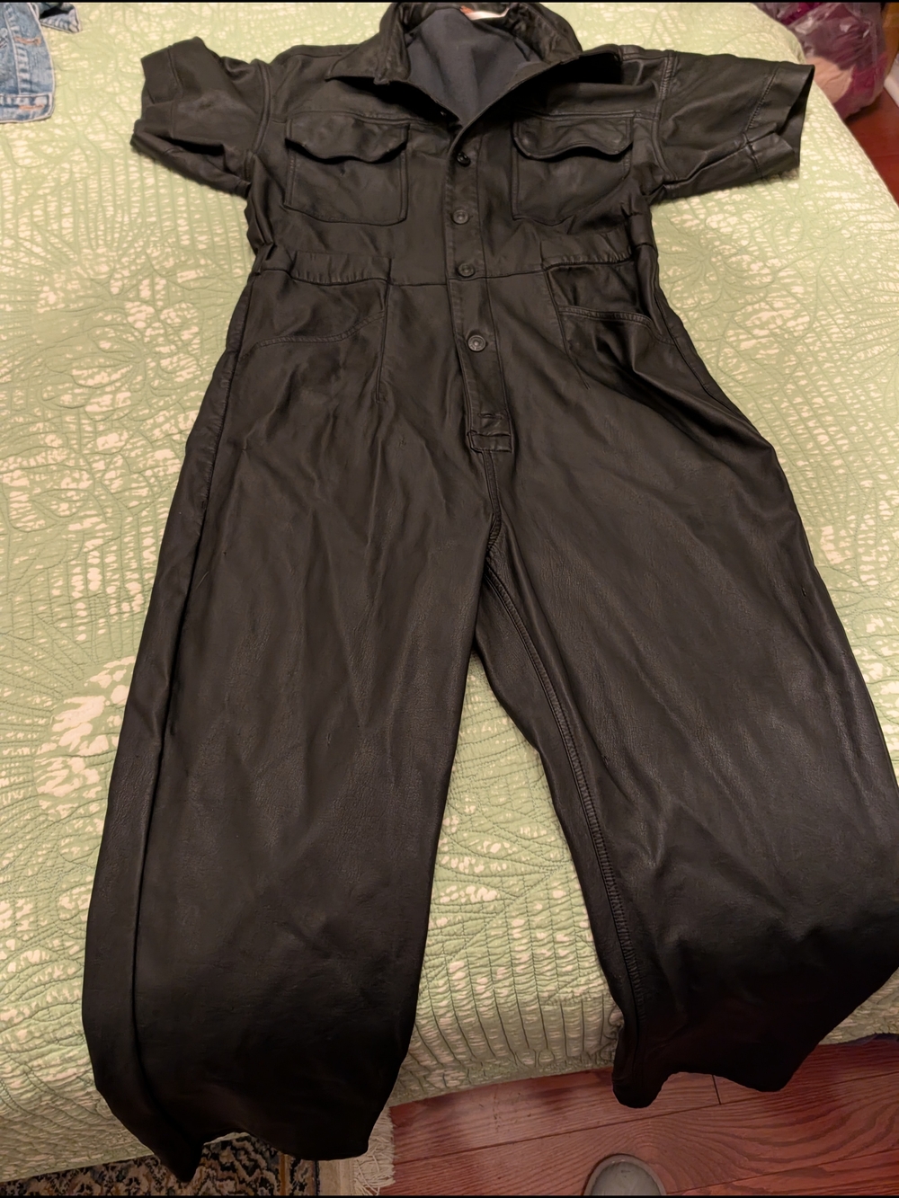 Free People Black Faux Leather Short-Sleeve Jumpsuit